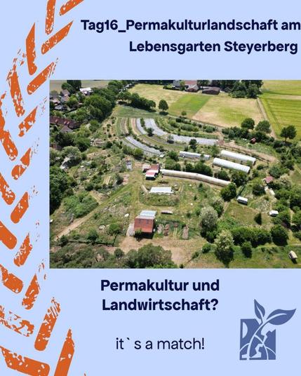 Foto: in der Mitte ein Drohnenbild von einem landwirtschaftlichen Anwesen mit Folienhäusern und großen Beeten. 

Hintergrund: mattgrau, links die stilisierte Ähre in ornage. 

Text oben: Tag16_Permakulturlandschaft am Lebensgarten Steyerberg. 

Text unten: Permakultur und Landwirtschaft? it's a match

Rechts unten das Disrupt-Logo.