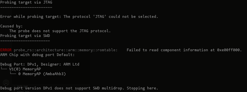 probe-re listing the compatible devices, showing the Glasgow one as having only the SWD option available.