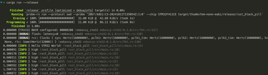 the output of cargo run command, using the predefined cargo config.toml file to ship and run the STM32 Black pill code using probe-rs and Glasgow as SWD interface.