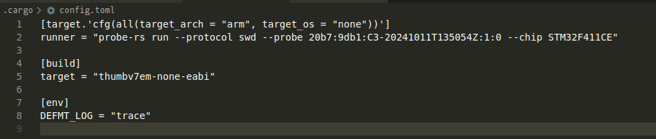 the cargo config needed for runner arguments. You need particularly the protocol and probe ones in order to make sure everything will work out of the box