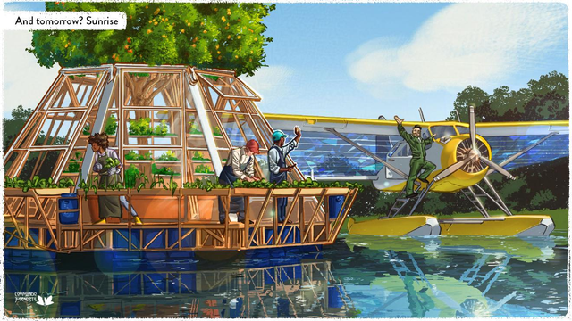 A colorful illustration of a seaplane parked just next to a wooden structure with people waving to each other. The seaplane has solar panels on its wings.