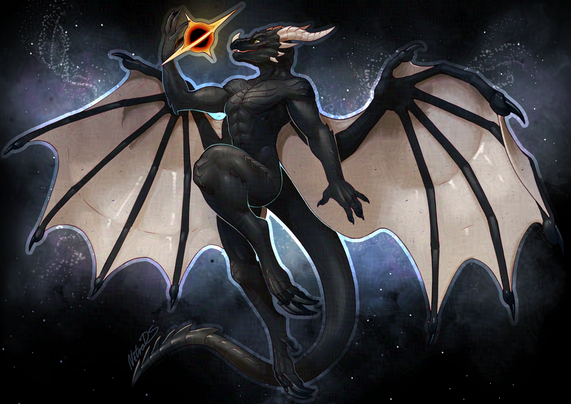 black anthro dragon with white horns and white wings floating in space holding a tiny black hole in his palm and marveling at his creation