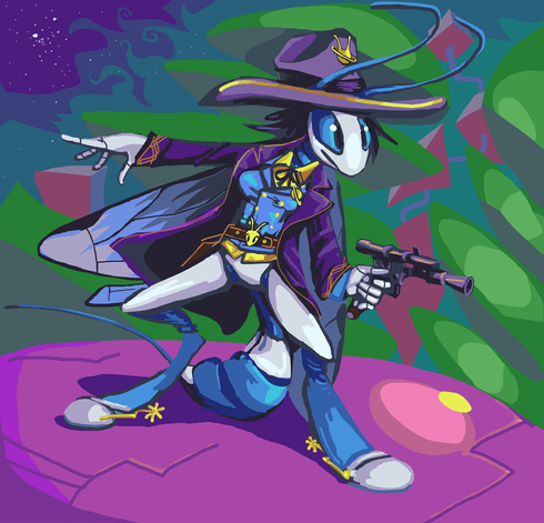 anthropomorphic wasp being wearing a large purple hat and jacket, along with a blue vest over a gold shirt, wearing a silly belt, holding a firearm similar to the one carried by han solo in star wars films, in front of a vague background made of odd shapes