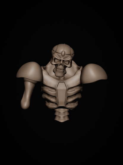 A 3d rendered picture of a skeletal robotic warrior partially finished