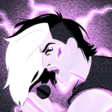 A side profile drawing of Layla from Silver & Gold screaming into a microphone, she has shaved sides & pink lightning arcing in the background. She has silver skin with purple glowing tattoos across her face, neck, arms & hands.