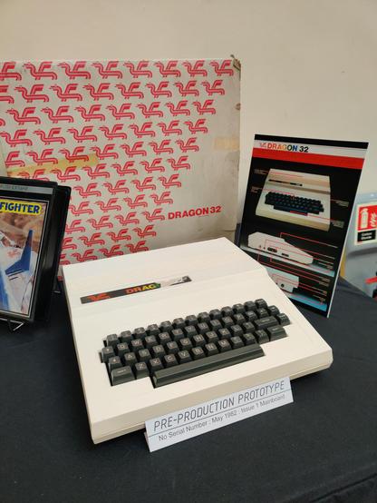 A very early Dragon 32 prototype in a lighter cream case that the production version. The informational note reads "Pre-production prototype. No serial number. May 1982. Issue 1 mainboard".

Richard flipped it upside down for me yesterday to show me the place where the serial number would go; instead, it bears the initials of the designer, Ian somebody, who remains resolutely uncontactable, despite multiple attempts.