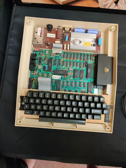 A Dragon 32 with the top cover off. It's a very neat layout. The 6509 is on the right hand side of the board, to the left of the peripheral bus.