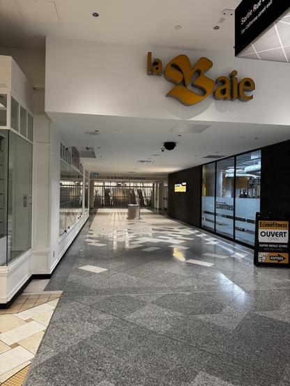 Photo of the Downtown Montréal the Bay store Cathedral entrance.

There is a hallway and at the end, a metal gate blocking the entrance. Above the hallway, a turned off “la Baie” sign.

On the right, there’s a Econofitness that’s open
- - -
Photo de l'entrée de la Cathédrale du magasin la Baie du centre-ville de Montréal.

Il y a un couloir et, au bout, une barrière métallique qui bloque l'entrée. Au-dessus du couloir, un panneau éteint lit « la Baie ».

Sur la droite, il y a un Econofitness qui est ouvert.