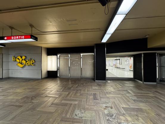 Photo of the Downtown Montréal the Bay store McGill subway entrance.

There is an illuminated “la Baie” sign on the left. Then, on the right, we see an empty illuminated store.

There’s also a red Sortie sign hanging from the ceiling pointing to the left, as it is the metro exit.
- - -
Photo de l'entrée du métro McGill du magasin la Baie du centre-ville de Montréal.

Il y a un panneau lumineux "la Baie" sur la gauche. Ensuite, sur la droite, nous voyons un magasin vide éclairé.

Il y a aussi un panneau Sortie rouge accroché au plafond pointant vers la gauche, car c'est la sortie du métro.