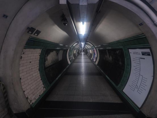 A long round pedestrian tunnel has dirty bricks, blackened spaces where adverts used to be, and a Northern Line tube diagram on one side. There's a bright light above, reflected as a long line on the tiled floor. At the far end of the line someone wearing white clothes is barely visible.