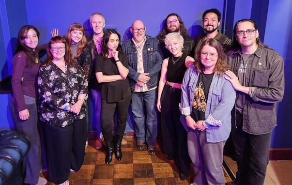 Call of Cthulhu Live cast photo: Johnny Chiodini, Jasper Cartwright, Joséphine McAdam, Mark Meer, Belinda Cornish, Samantha Béart, and Paula Deming (Birmingham special guest).

Also in the photo are Chaosium's Mike Mason and the Call of Cthulhu editorial team: Lynne Hardy, Paul Fricker, and Keris McDonald.