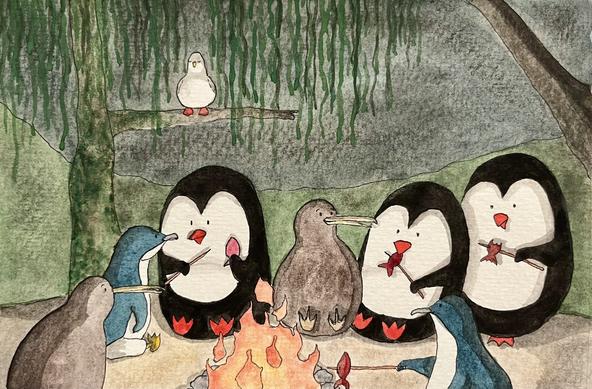 Illustration of three penguins having a BBQ with their cousins the Little Blue Penguins and two Kiwis.
