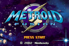A screenshot of the Metroid Fusion title screen.

The background is a pixel art shot of space with an asteroid belt extending in an arc from the lower left towards the middle.

In the middle of the screen is the Metroid Fusion logo in light blue chrome, with the word "Metroid" using a sharp/spiky font that makes it seem like the letters have fangs. Behind the logo is the series' iconic Screw Attack symbol: a purple, segmented circle with a thick, gray, metallic outline, and a golden lightning bolt in the shape of an 'S' over it.

The text lines "PRESS START" and "© 2002 Nintendo" are found below the logo.