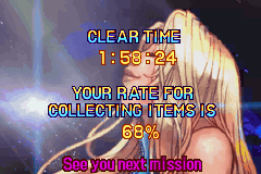 A screenshot of one of the Metroid Fusion ending screens.

Samus Aran's head and shoulders—shown in profile—are in focus, in front of a space background, as she tilts her face upwards with her eyes closed. She is a blonde, seemingly white woman.

In front of the image are the stats for the playthrough:

"CLEAR TIME
1:58:24

YOUR RATE FOR COLLECTING ITEMS IS
68%

See you next mission"