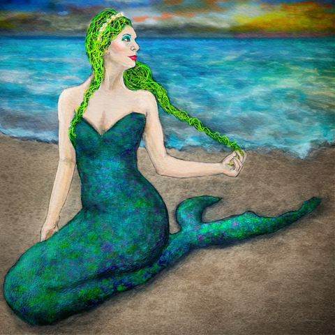 A mermaid on the beach. The sea in the background. She looks to our right as she twists a lock of her hair between her fingers