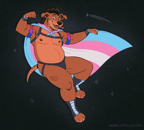 A drawing of Angelo, a trans male anthro pitador dog with a curly mohawk and chest scars. Wearing a leather chest harness and jockstrap along with a Transgender pride flag as a cape and Bisexual flag colored armbands. He is looking at the viewer with a smile and flexing his bicep.