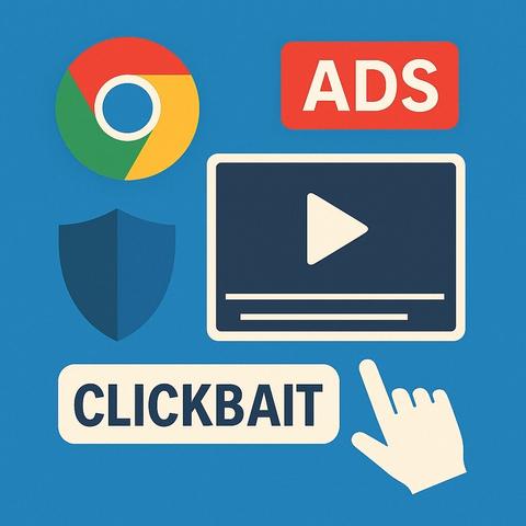 An illustration featuring a Chrome logo, an "ADS" label, a video play button, a shield symbol, and the word "CLICKBAIT." All elements are set against a blue background.