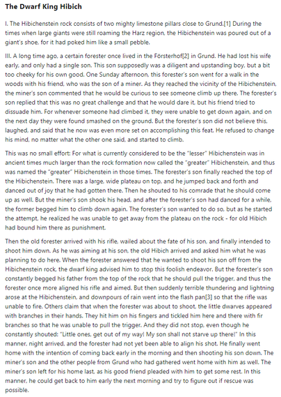 Part 1 of German folk tale "The Dwarf King Hibich". Drop me a line if you want a machine-readable transcript!