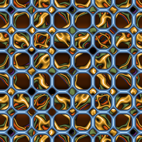 Fractal image. A grid of pale blue rings, with yellow, green, and orange wavy shapes behind.