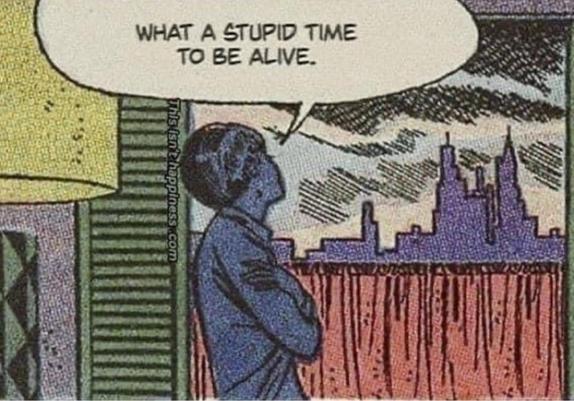 A comic panel featuring a woman looking out of a large window at a city in the distance. She says, "What a stupid time to be alive."