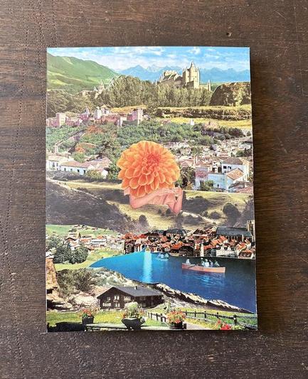A collage of vintage souvenir postcards featuring various landscapes — mountains, castles, villages, and a lake with boats.  At the center is the upper torso of a woman, her head replaced by a vivid orange dahlia bloom.