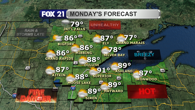 Wildfire smoke will be moving closer to the surface Monday, making air quality levels unhealthy for more people.  It will be very warm with a southwest breeze warming high temperatures to the 80s and low 90s with elevated fire danger levels.  Showers and thunderstorms will arrive by the evening.