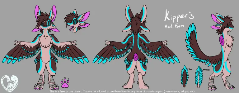 A reference sheet of a brown and tan avali with cyan accents.