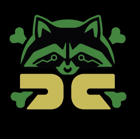 Cyber punk style raccoon resembling def con logo in green and yellow colors