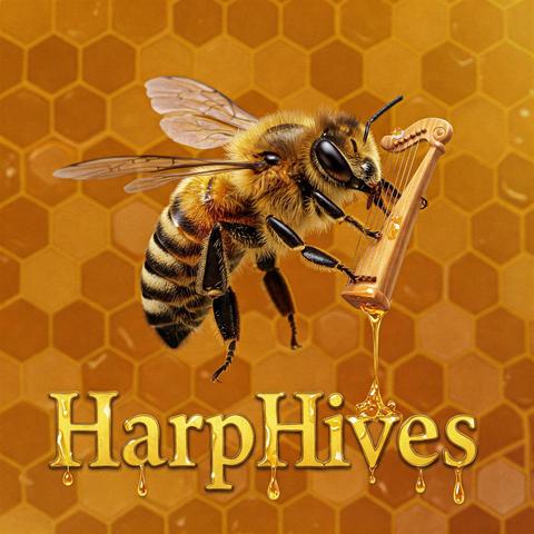 A European honeybee playing a classical harp while honey runs out of the bottom. It says HarpHives below and is set in front of a honeycomb background.