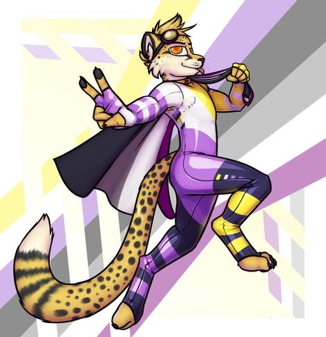 Art of Obscura dressed in a nonbinary colors latex suit and holding an asexual flag over their shoulder