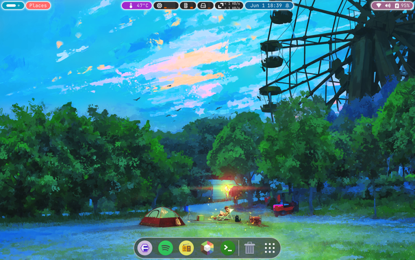 Gnome desktop with colorful top bar islands, a permanent bottom dock with Numix Circle icons. Wallpaper is a painterly style picture of a person camping in a field with trees and a Ferris Wheel in the background.