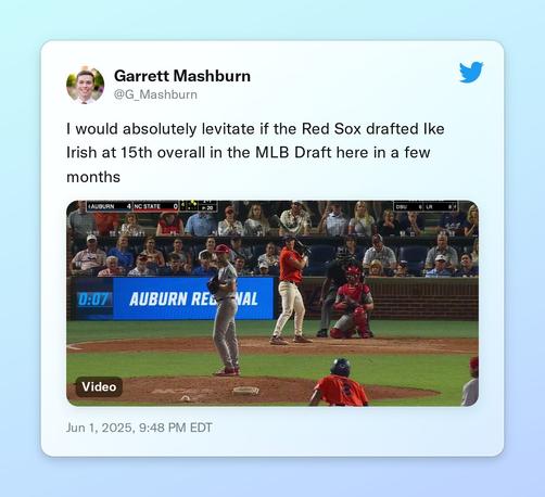 I would absolutely levitate if the Red Sox drafted Ike Irish at 15th overall in the MLB Draft here in a few months
https://t.co/83ZttW1mwc