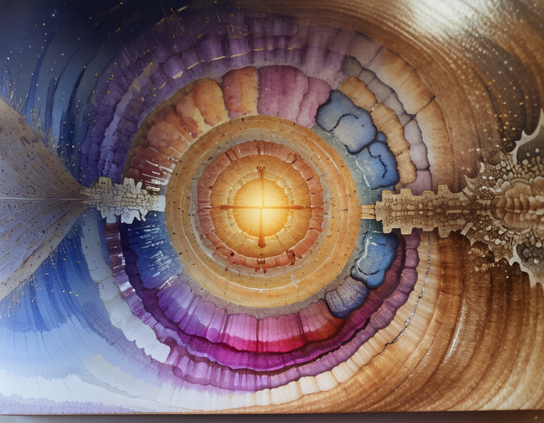 A radiant abstract resembling a cross section of a tree, with concentric rings that have grown with various patches of purple, pink, blue, teal, and gold as well as natural wood colors, with a glowing center resembling a portal type door.  Enigmatic message-like fractal patterns emanate from left and right of the gold central ring outward. Watercolor style.