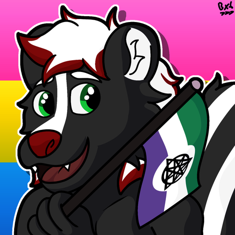 An icon of my anthro skunk character holding a therian flag with the pansexual flag in the background.