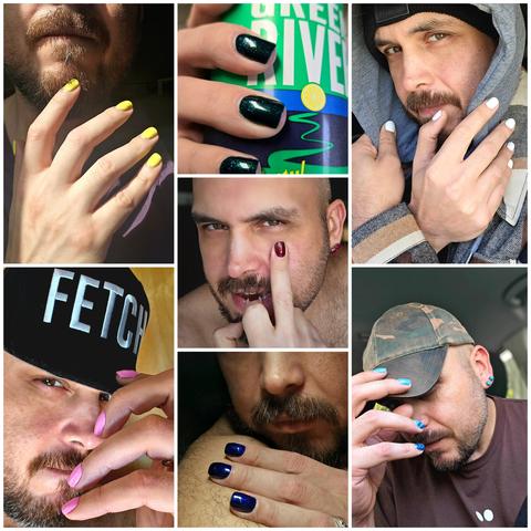 A collage of seven photos showing a bearded man with different nail polish colors and styles in each image. From top left to bottom right: bright yellow nails with a glossy finish; deep green glittery nails while holding a Green River soda can; glossy white nails paired with a hoodie and plaid jacket; glossy maroon nail polish with a playful finger gesture; bubblegum pink nails with a black "FETCH" cap; shimmering navy blue nails against a bare shoulder; and a gradient blue manicure with a camouflage cap and brown shirt. The images emphasize expressive hand poses and vibrant nail colors.