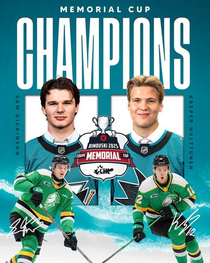 Memorial Cup champions graphic featuring Sam Dickinson and Kasper Halttunen with the London Knights.