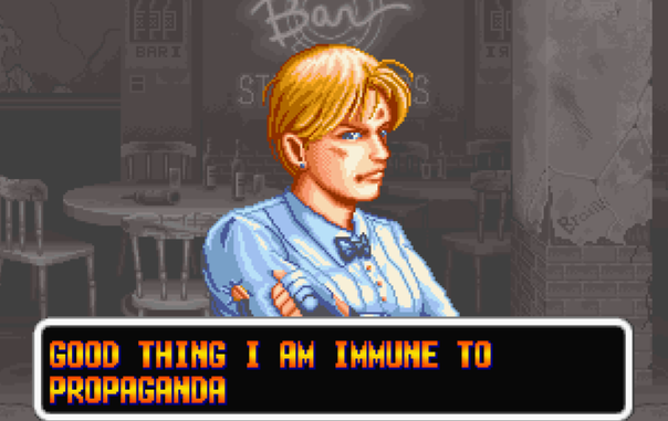 Death generator of a waiter saying "Good thing I am immune to propaganda."