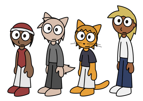 Vector drawings of Sabina, Leaf, Misam, and Ashley in the same generic pose