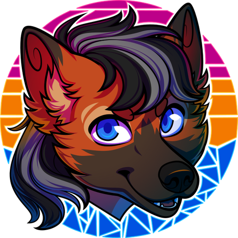 A stylized anthro maned wolf, with blue eyes, a black and grey mane, and a brown and orange coat. Only the head is visible, and he is looking at the camera and smiling. The background is the pan flag colors (pink, yellow, blue) broken into interesting geometric shapes for each color.