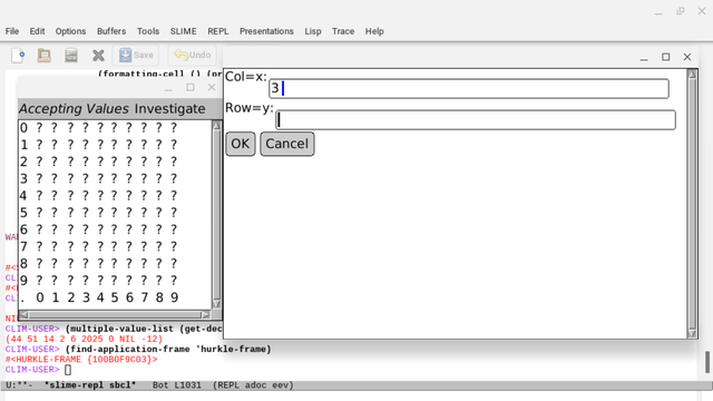 The McCLIM game window and next-move-entry window side-by-side in front of an emacs slime repl window in the background.