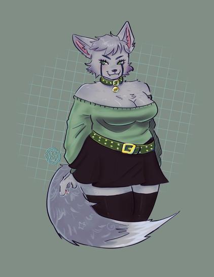 My fursona, a female (trans) fox with steel blue fur, wearing a green off the shoulder sweater top, black skirt, and black thigh highs.