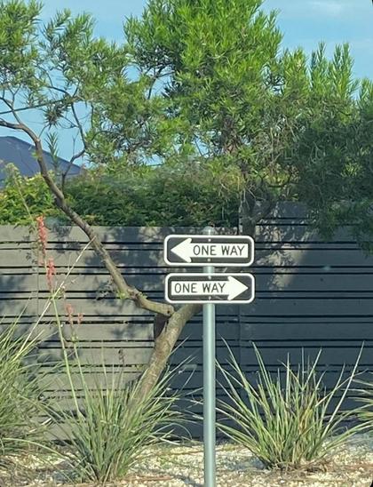 Two contradictory one-way signs point in opposite directions against a backdrop of trees and a gray fence, creating a confusing and humorous scene.