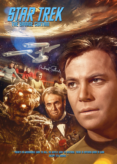 A fan poster for Star Trek episode The Savage Curtain, featuring the Enterprise orbiting a strange planet, and images of Kirk, Abraham Lincoln, and an alien with glowing eyes arranged beneath the planet.