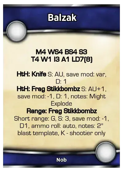 Slick looking module generated character data card  for Balzak the Nob. It looks Good but is illegibly because there are a lot of messy stats - this is just a long string of letters and numbers on a line constantly. Not helpful. But I might have mentioned before it's better looking.