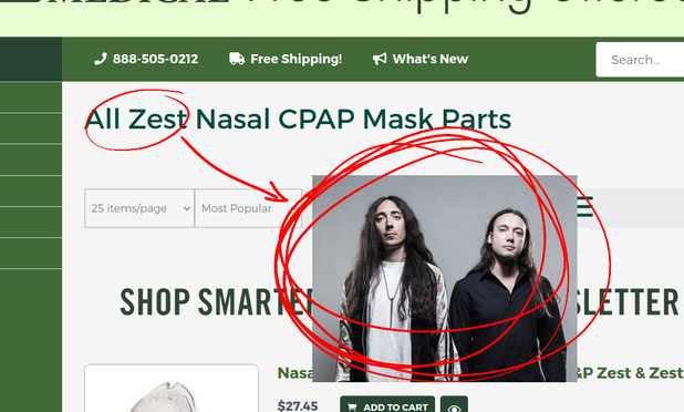 arctax explains the joke thru alt-text (I am culturally required to do so)

screenshot of medical website offering CPAP mask parts with a header that says "all zest nasal CPAP mask parts" but there's a drawn arrow pointing from the phrase "all zest" to a picture of alcest the band, implying the former sounds like the latter