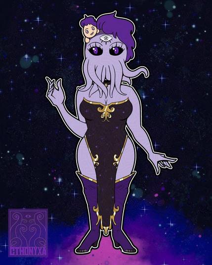 Concept art for Cthonyxa’s humanoid squid form design. The form has light purple skin, tentacles for a mouth, Cthonyxa’s signature purple hair and undercut, with two black eyes (with purple irises) and a white third eye between them. They’re wearing black strapless dress with gold trim and purple sparkles reminiscent of stars. Their boots are a dark purple with gold trim up top and black metal toe guards. A tiny chibi human Nyxa sits on squid Nyxa’s head. Cthonyxa’s logo is on the left.