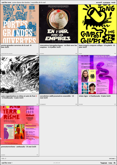 Capture d’écran de la page d’accueil du site, avec les visuels d’annonces des prochaines festivités (rencontres, concerts, débats, etc.)