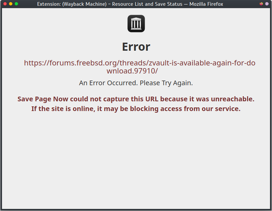 Screenshot: a Wayback Machine extension error message about blocking.