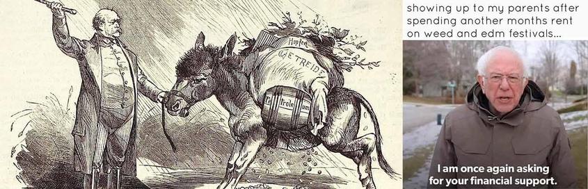 Karikatur von Otto von Bismarck, der einen Esel peitscht, er Hopfen, Getreide und Petroleum transportiert. Daneben eine Meme von Bernie Sanders mit dem Titel "showing up to my parents after spending another months rent on weed and edm festivals..."