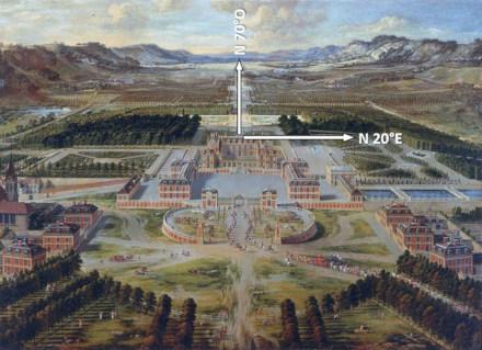 Le château de Versailles tel que peint en 1668 par Pierre Pastel, avec indication des directions N70°O et N20°E, directions structurantes d’origine géologique